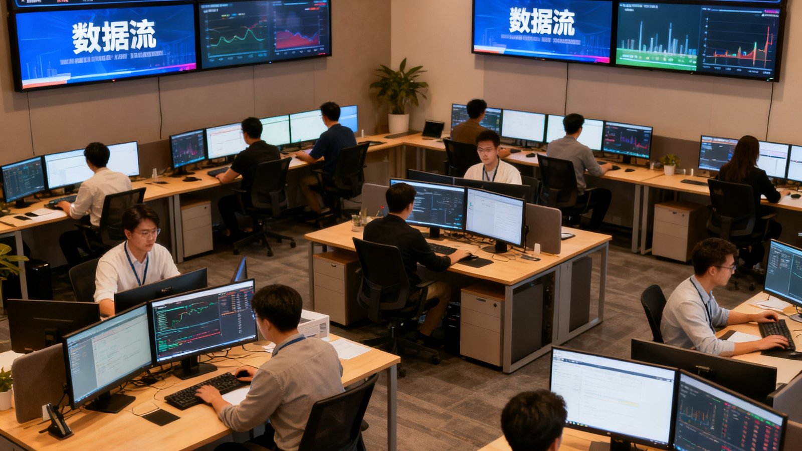 一支由12名数据分析师组成的团队正在开放式办公区工作，三面墙壁上悬挂着8块大型液晶屏幕，实时滚动显示全球各地球赛比分和数据流，桌面上摆放着多台双屏工作站，室内灯光柔和偏暖色调。